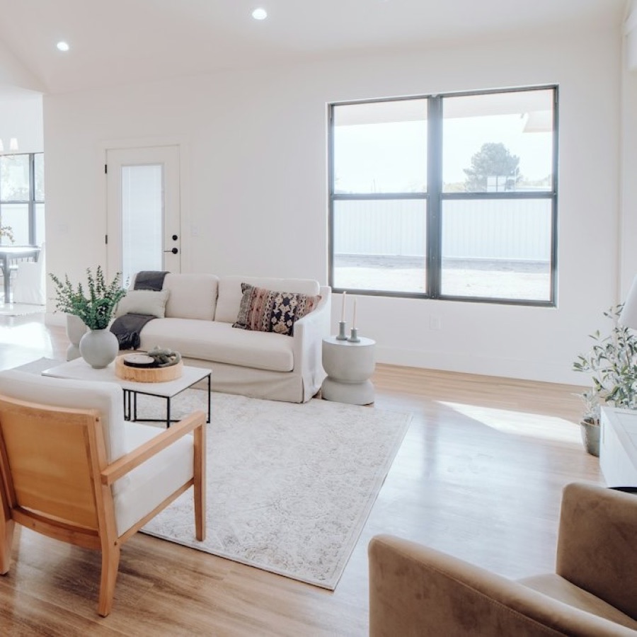 Living room with a white sofa, a rug and a large window
