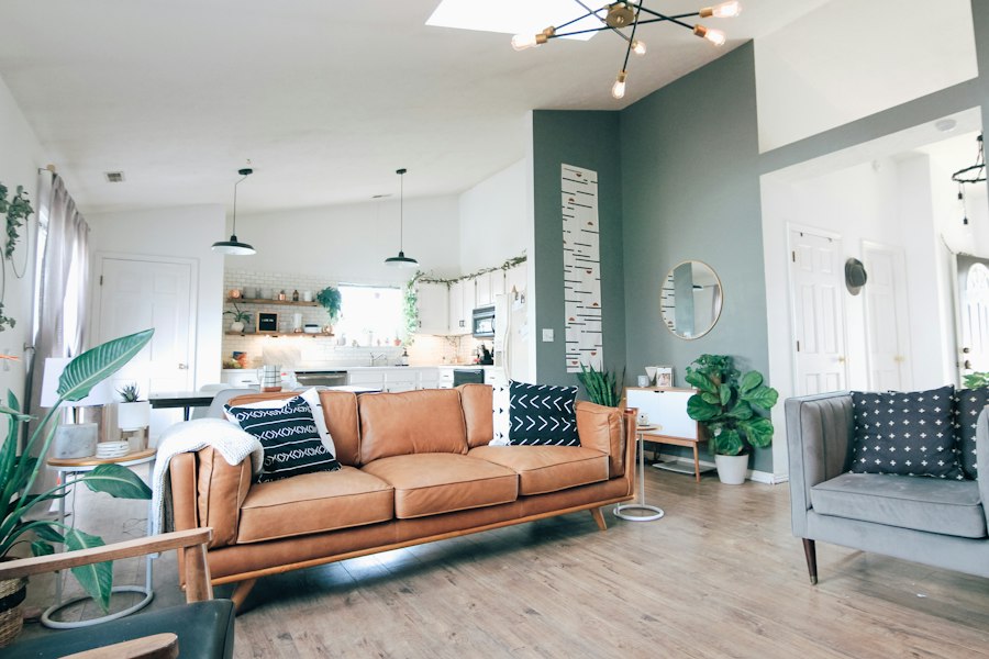 A bright, tidy living room with a leather sofa and indoor plants